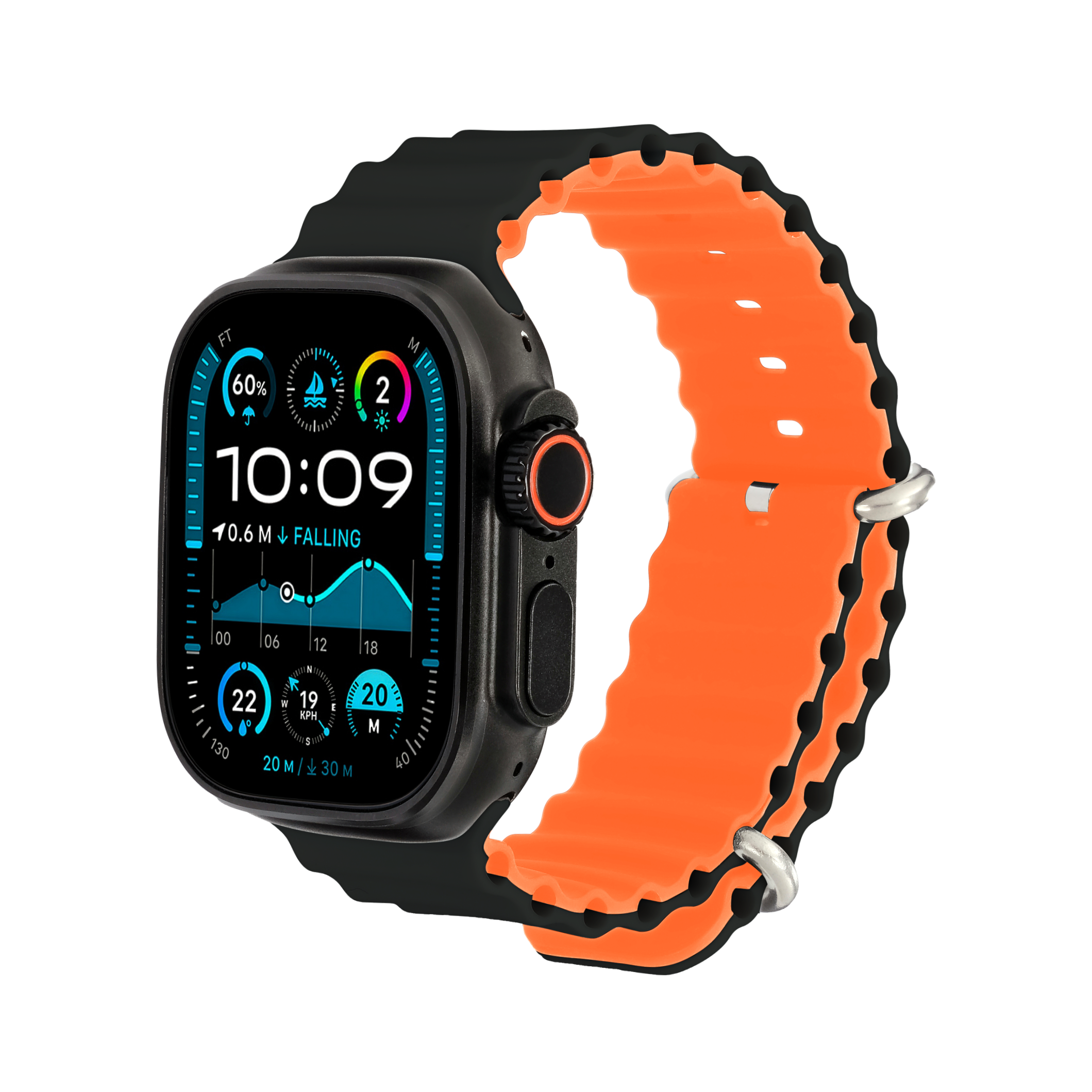 Wave Band in Magma — black and orange silicone Apple Watch strap (view 1)