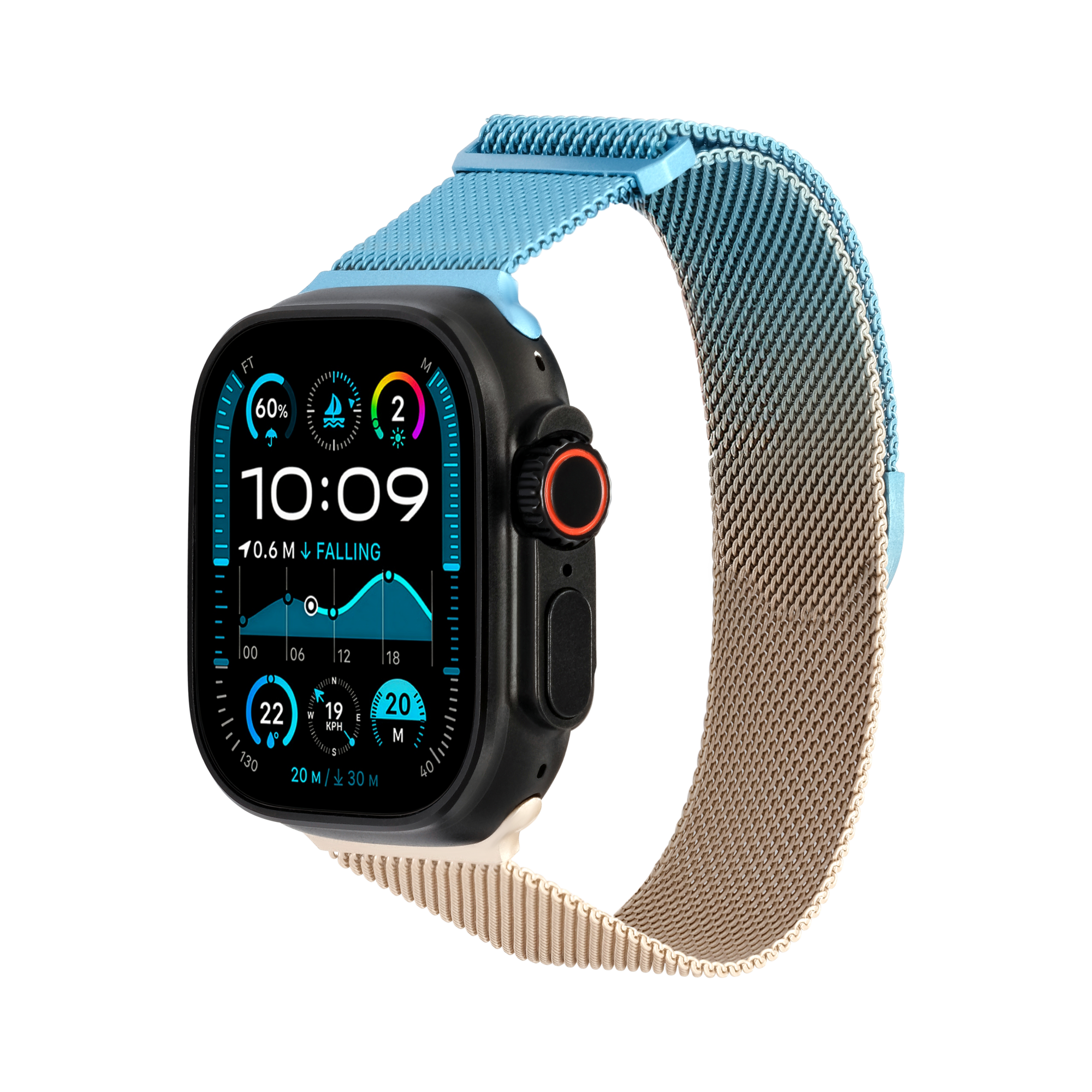 Metal Braided in Gold Blue — gold and blue two-tone metal braided Apple Watch strap (view 2) 